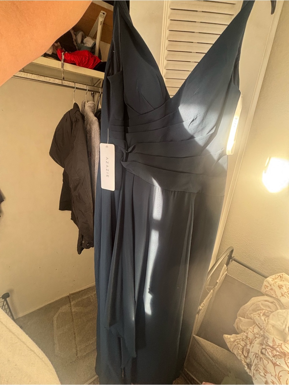 Azazie Navy V-Neck Pleated Waist Prom Gown